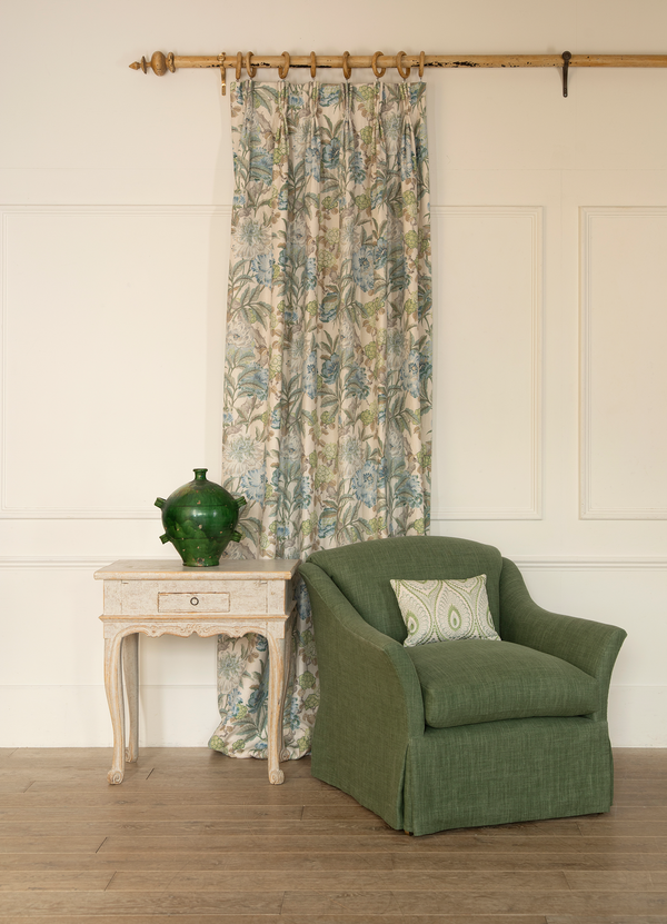 The Elmstead Downback Armchair - Beautifully skirted in green linen
